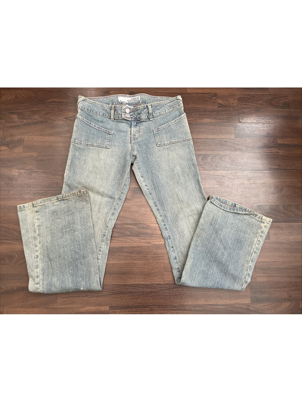 VTG  Y2K Guess Co Jeans 81 Low Rise Bootcut Pink Stitch Light Wash Flare SZ 30